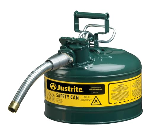 Justrite 2.5 Gallon Type II Green Safety Can for Oil with Flame Arrester, Self-Closing Lid, and 1" Flexible Metal Spout, Made in the USA, Galvanized Steel Flammable Storage Can, 7225430