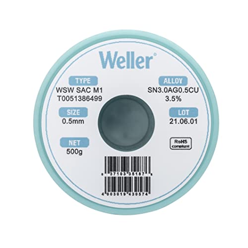 Weller WSW SAC M1 (T0051386499) Lead Free Solder Wire, Dia: 0.5 mm / 0.020 in, Wt: 500 g / 17.637 oz, Alloy Sn96.5Ag3.0Cu0.5, Flux content 3.5%