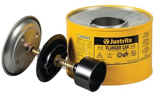 Justrite Plunger Can for Solvents, 2 Quarts Capacity, 7.4" x 7.25" Steel Push-Down Solvent Dispenser Can, Made in the USA Industrial Mechanic Tools, Yellow, 10218