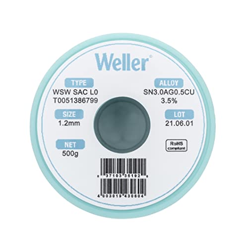 Weller WSW SAC M1 (T0051386570) Lead Free Solder Wire, Dia: 0.2 mm / 0.008 in, Wt: 10 g / 0.353 oz, Alloy Sn96.5Ag3.0Cu0.5, Flux content 3.5%