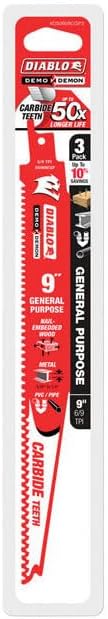 Diablo (DS0909CGP3) Demo Demon Carbide Teeth Reciprocating Saw Blades for General Purpose Cuts - 9" Length, 6/9 TPI (Pack of 3)
