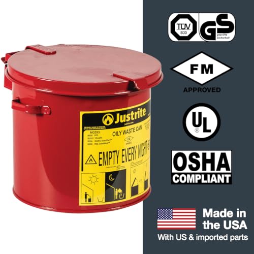 Justrite 2 Gallon Galvanized Steel Countertop Oily Waste Can, 9" x 9.6" Metal Oil Rag Safety Can with Hand Operated Self-Closing Lid for Oil Rag Disposal, Made in The USA, Red, 09200