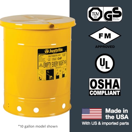 Justrite 10 Gallon Galvanized Steel Oily Waste Can, 18" x 14" Metal Oil Rag Safety Can with Hand Operated Self-Closing Lid for Oil Rag Disposal, Made in The USA, Yellow, 09311
