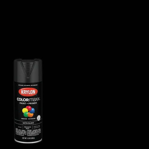 Krylon K05557007 Black COLORmaxx Paint & Primer Spray Paint, Satin, 12 oz (Pack of 6)