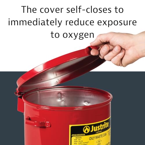 Justrite 2 Gallon Galvanized Steel Countertop Oily Waste Can, 9" x 9.6" Metal Oil Rag Safety Can with Hand Operated Self-Closing Lid for Oil Rag Disposal, Made in The USA, Red, 09200