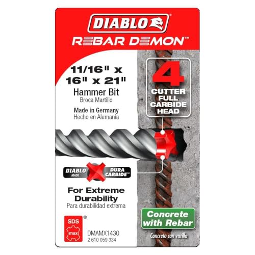 Diablo Rebar Demon SDS-Max 4-Cutter Full Carbide Head Hammer Drill Bit with Tri-Metal Fusion Welding - 11/16" Diameter, 21" Length, 16" Working Length - DMAMX1430