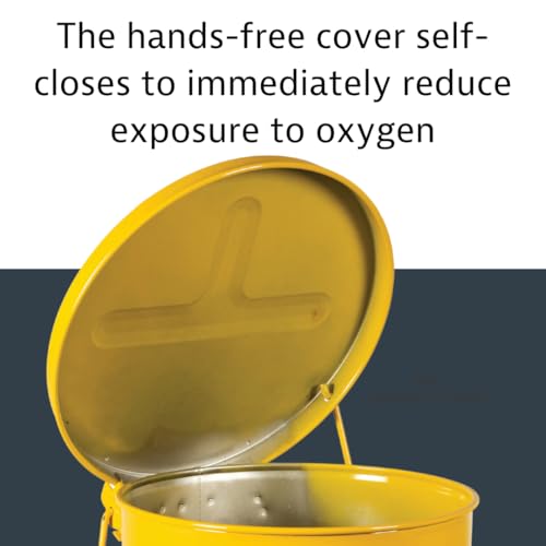 Justrite 10 Gallon Galvanized Steel Oily Waste Can, 18" x 14" Metal Oil Rag Safety Can with Foot Operated Self-Closing Lid for Oil Rag Disposal, Made in The USA, Yellow, 09301