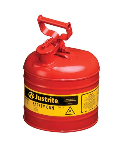 Justrite 2 Gallon Type I Red Safety Gas Can for Gasoline with Flame Arrester and Self-Closing Lid, Made in the USA, Galvanized Steel Flammable Storage Can, 7120100