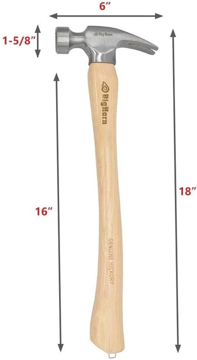 Big Horn 15101 21 Oz Curved Handle Framing Hammer, Milled Face, Magnetic Nail Starter, Anti-Ring Claw, Precision Balanced Alloy Steel Head, Canadian Hickory Handle