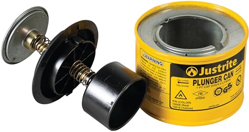 Justrite Plunger Can for Solvents, 1 Pint Capacity, 5.25" x 4.9" Steel Push-Down Solvent Dispenser Can, Made in The USA Industrial Mechanic Tools, Yellow, 10018