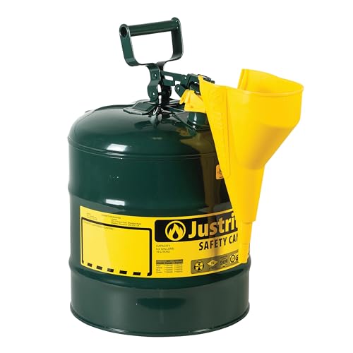 Justrite 5 Gallon Type I Green Safety Can for Oil with Flame Arrester, Self-Closing Lid, and Funnel, Made in the USA, Galvanized Steel Flammable Storage Can, 7150410