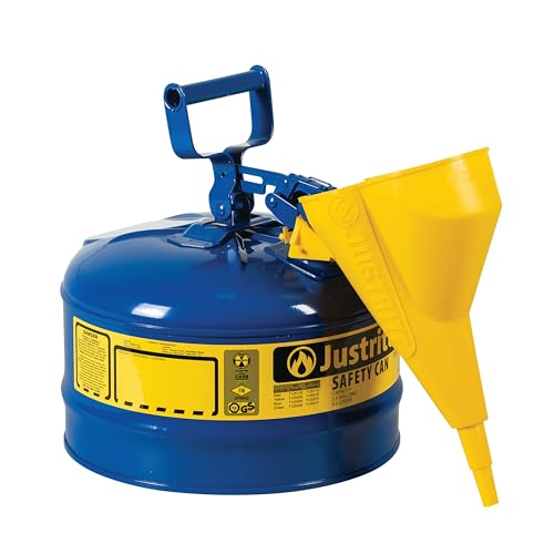 Justrite 2.5 Gallon Type I Blue Safety Can for Kerosene with Flame Arrester, Self-Closing Lid, and Funnel, Made in The USA, Galvanized Steel Flammable Storage Can, 7125310