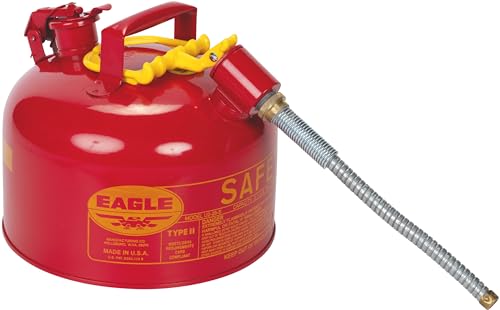 Eagle 2.5 Gallon Type II Red Safety Gas Can for Gasoline with Flame Arrester, Self-Closing Lid, and 12" x 7/8" Flexible Metal Hose, Made in the USA, Galvanized Steel Flammable Storage Can, U226S