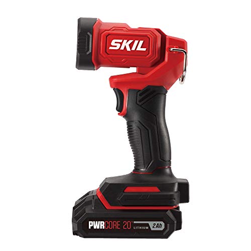 SKIL 20V 4-Tool Combo Kit: 20V Cordless Drill Driver Reciprocating Saw, Circular Saw and Spotlight, Includes Two 2.0Ah PWR CORE Lithium Batteries and One Charger - CB739701,Black, Red