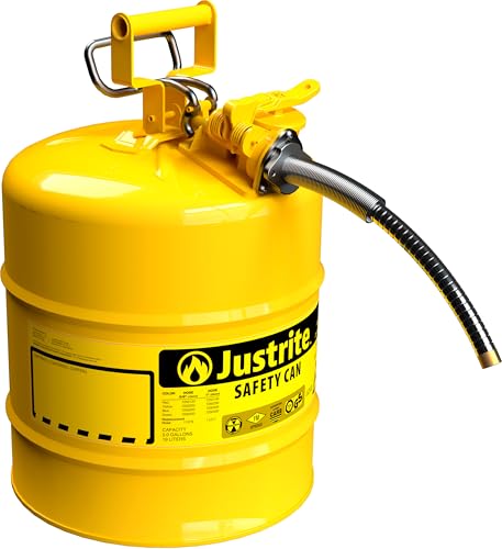 Justrite 5 Gallon Type II Yellow Safety Can for Diesel with Flame Arrester, Self-Closing Lid, and 5/8" Flexible Metal Spout, Made in the USA, Galvanized Steel Flammable Storage Can, 7250220