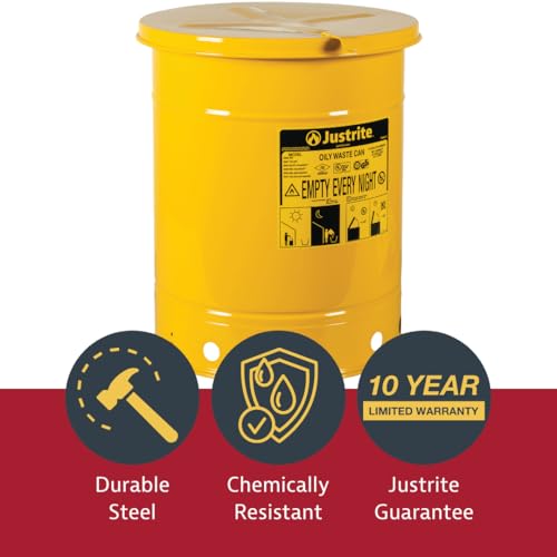 Justrite 10 Gallon Galvanized Steel Oily Waste Can, 18" x 14" Metal Oil Rag Safety Can with Hand Operated Self-Closing Lid for Oil Rag Disposal, Made in The USA, Yellow, 09311