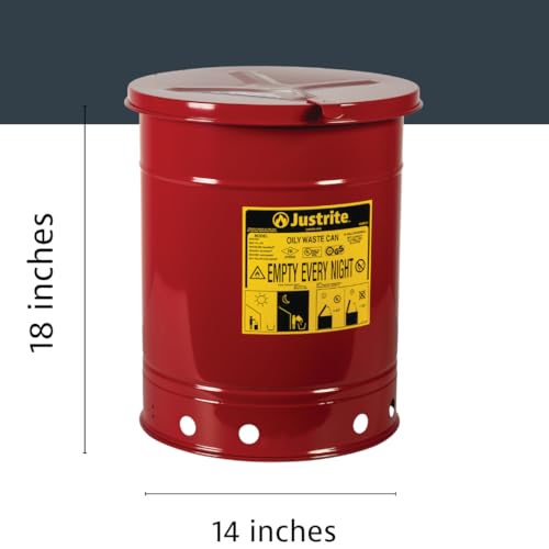 Justrite 10 Gallon Galvanized Steel Oily Waste Can, 18" x 14" Metal Oil Rag Safety Can with Hand Operated Self-Closing Lid for Oil Rag Disposal, Made in The USA, Red, 09310