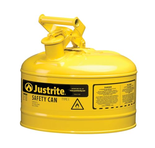 Justrite 2.5 Gallon Type I Yellow Safety Can for Diesel with Flame Arrester and Self-Closing Lid, Made in the USA, Galvanized Steel Flammable Storage Can, 7125200