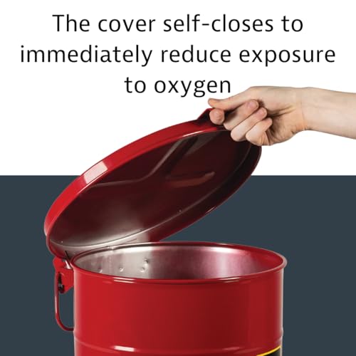 Justrite 10 Gallon Galvanized Steel Oily Waste Can, 18" x 14" Metal Oil Rag Safety Can with Hand Operated Self-Closing Lid for Oil Rag Disposal, Made in The USA, Red, 09310