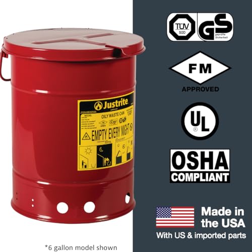 Justrite 10 Gallon Galvanized Steel Oily Waste Can, 18" x 14" Metal Oil Rag Safety Can with Hand Operated Self-Closing Lid for Oil Rag Disposal, Made in The USA, Red, 09310