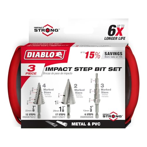 Diablo Impact Strong Step Drill Bit Set - Fast, Precise Drilling in Thin Metals, Plastic and Steel - Split Point Tip, Optimized Dual Flute Design, 3-Piece Set - DSDS003