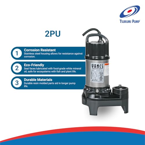 Tsurumi Pump 2PU | Submersible Pond Pump/Waterfall Pump | 1/5 HP, 115V, 2 in Discharge | Ideal Water Feature Pump for Ponds, Fountains, Waterfalls | 50 GPM / 3000 GPH