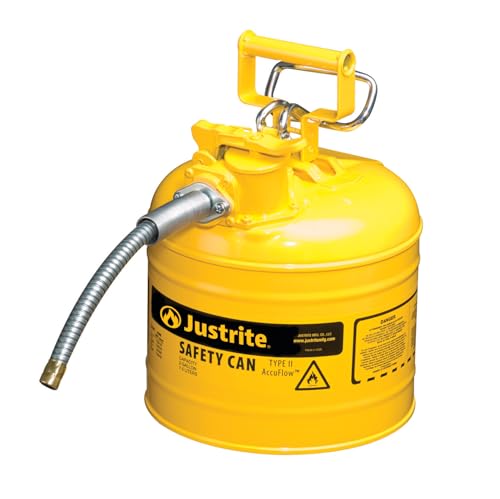 Justrite 2 Gallon Type II Yellow Safety Can for Diesel with Flame Arrester, Self-Closing Lid, and 5/8" Flexible Metal Spout, Made in the USA, Galvanized Steel Flammable Storage Can, 7220220