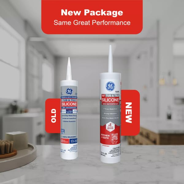 GE Tub and Tile Silicone Caulk for Kitchen and Bathroom, 100% Waterproof Silicone Paste, Excellent Flexibility, Shrink and Crack Resistant, 10oz Cartridge, Clear (Pack of 12)