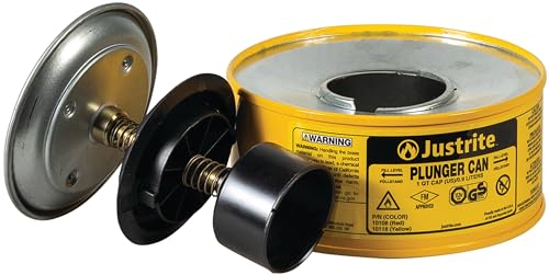 Justrite Plunger Can for Solvents, 1 Quart Capacity, 5.6" x 7.25" Steel Push-Down Solvent Dispenser Can, Made in The USA Industrial Mechanic Tools, Yellow, 10118