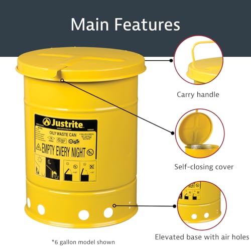 Justrite 14 Gallon Galvanized Steel Oily Waste Can, 20" x 16" Metal Oil Rag Safety Can with Hand Operated Self-Closing Lid for Oil Rag Disposal, Made in The USA, Yellow, 09511