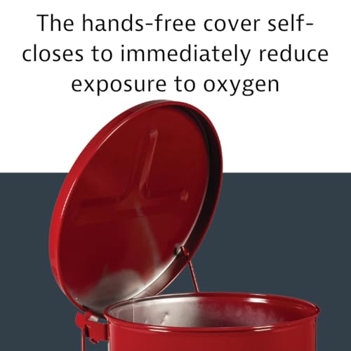 Justrite 10 Gallon Galvanized Steel Oily Waste Can, 18" x 14" Metal Oil Rag Safety Can With Foot Operated Self-Closing Lid for Oil Rag Disposal, Made in the USA, Red, 09300