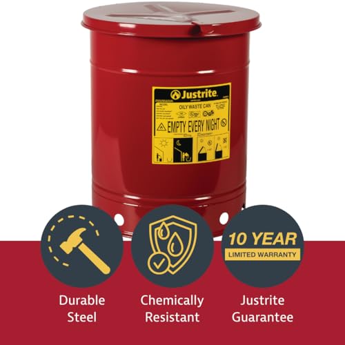 Justrite 6 Gallon Galvanized Steel Oily Waste Can, 16" x 12" Metal Oil Rag Safety Can with Hand Operated Self-Closing Lid for Oil Rag Disposal, Made in The USA, Red, 09110