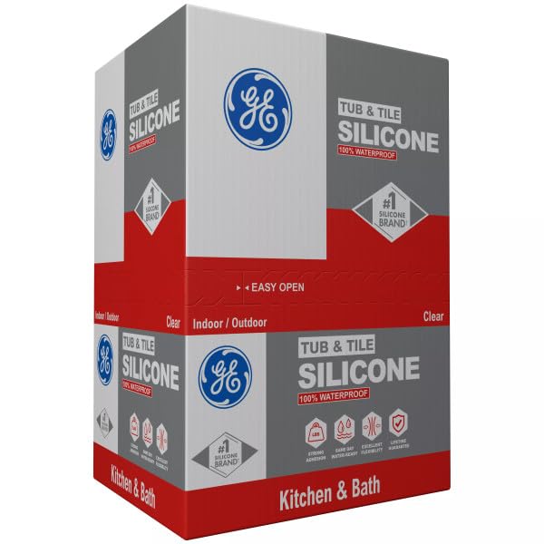 GE Tub and Tile Silicone Caulk for Kitchen and Bathroom, 100% Waterproof Silicone Paste, Excellent Flexibility, Shrink and Crack Resistant, 10oz Cartridge, Clear (Pack of 12)