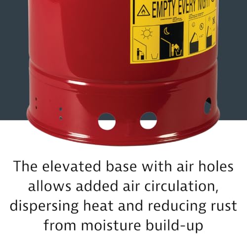 Justrite 6 Gallon Galvanized Steel Oily Waste Can, 16" x 12" Metal Oil Rag Safety Can with Hand Operated Self-Closing Lid for Oil Rag Disposal, Made in The USA, Red, 09110
