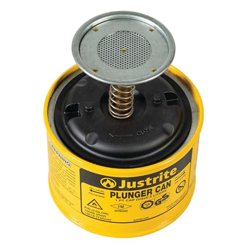 Justrite Plunger Can for Solvents, 1 Pint Capacity, 5.25" x 4.9" Steel Push-Down Solvent Dispenser Can, Made in The USA Industrial Mechanic Tools, Yellow, 10018