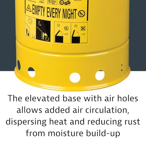 Justrite 10 Gallon Galvanized Steel Oily Waste Can, 18" x 14" Metal Oil Rag Safety Can with Hand Operated Self-Closing Lid for Oil Rag Disposal, Made in The USA, Yellow, 09311
