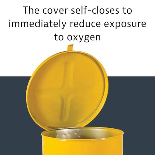 Justrite 10 Gallon Galvanized Steel Oily Waste Can, 18" x 14" Metal Oil Rag Safety Can with Hand Operated Self-Closing Lid for Oil Rag Disposal, Made in The USA, Yellow, 09311