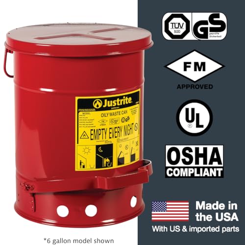 Justrite 6 Gallon Galvanized Steel Oily Waste Can, 16" x 12" Metal Oil Rag Safety Can With Foot Operated Self-Closing Lid for Oil Rag Disposal, Made in the USA, Red, 09100