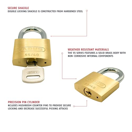 ABUS 55/40 Solid Brass Keyed Padlock with 2 Keys, Hardened Steel Shackle with Anti Corrosion Inner Lock Components, Keyed Different