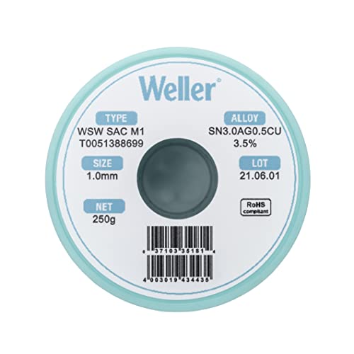 Weller WSW SAC M1 (T0051386299) Lead Free Solder Wire, Dia: 1.0 mm / 0.039 in, Wt: 500 g / 17.637 oz, Alloy Sn96.5Ag3.0Cu0.5, Flux content 3.5%