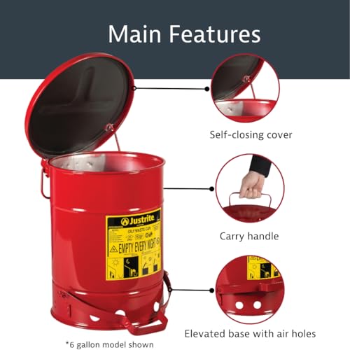 Justrite 10 Gallon Galvanized Steel Oily Waste Can, 18" x 14" Metal Oil Rag Safety Can with Quiet Foot Operated Self-Closing Lid for Oil Rag Disposal, Made in The USA, Red, 09308