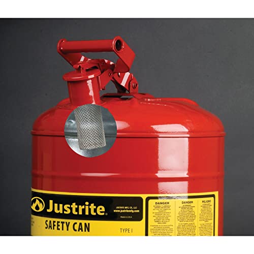 Justrite 5 Gallon Type I Green Safety Can for Oil with Flame Arrester and Self-Closing Lid, Made in the USA, Galvanized Steel Flammable Storage Can, 7150400