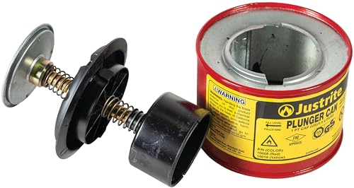 Justrite 10008 Plunger Can for Solvents, 1 Pint Capacity, 5.25" x 4.9" Steel Push-Down Solvent Dispenser Can, Made in the USA Industrial Mechanic Tools, Red