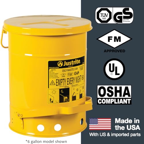 Justrite 6 Gallon Galvanized Steel Oily Waste Can, 16" x 12" Metal Oil Rag Safety Can With Foot Operated Self-Closing Lid for Oil Rag Disposal, Made in the USA, Yellow, 09101