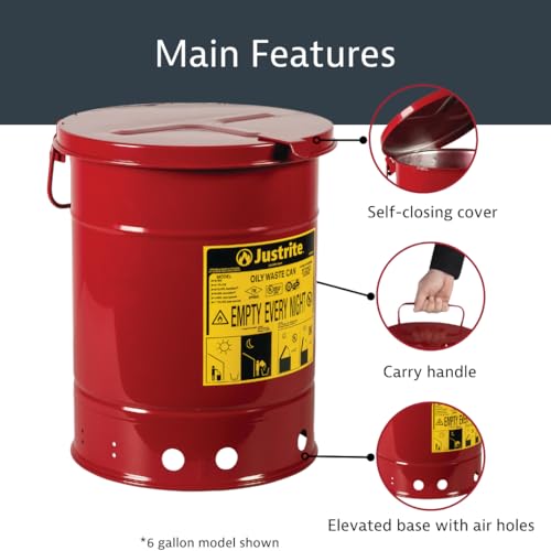 Justrite 10 Gallon Galvanized Steel Oily Waste Can, 18" x 14" Metal Oil Rag Safety Can with Hand Operated Self-Closing Lid for Oil Rag Disposal, Made in The USA, Red, 09310