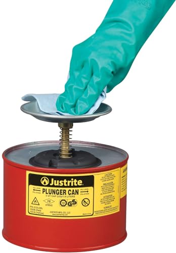 Justrite Plunger Can for Solvents, 2 Quarts Capacity, 7.4" x 7.25" Steel Push-Down Solvent Dispenser Can, Made in The USA Industrial Mechanic Tools, Red, 10208