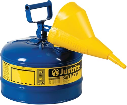 Justrite 2.5 Gallon Type I Blue Safety Can for Kerosene with Flame Arrester, Self-Closing Lid, and Funnel, Made in The USA, Galvanized Steel Flammable Storage Can, 7125310