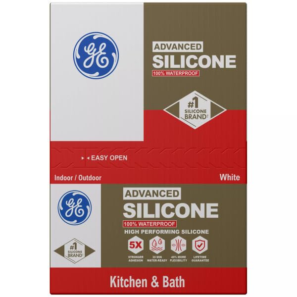 GE Advanced Silicone Caulk for Kitchen & Bathroom, White, 10 fl oz Cartridge - 100% Waterproof Silicone Sealant, 5X Stronger Adhesion, Shrink & Crack Proof (Pack of 12)