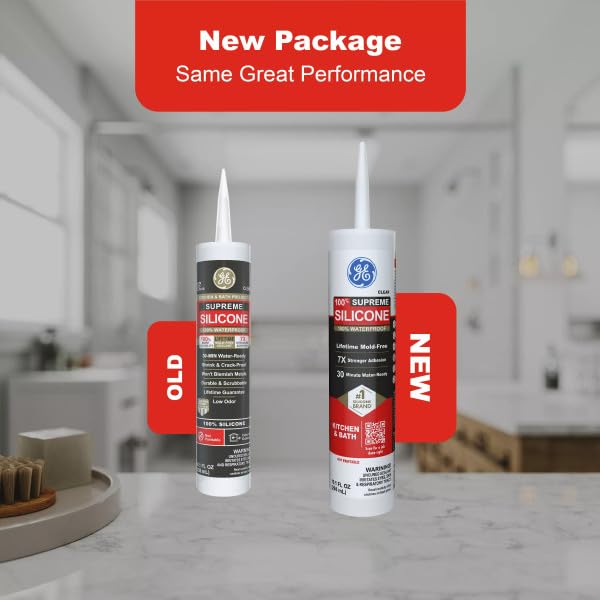 GE Supreme Silicone Caulk for Kitchen & Bathroom, Clear, 10 fl oz Cartridge, 100% Waterproof Silicone Sealant, 7X Stronger Adhesion, Shrink & Crack Proof (Pack of 1)