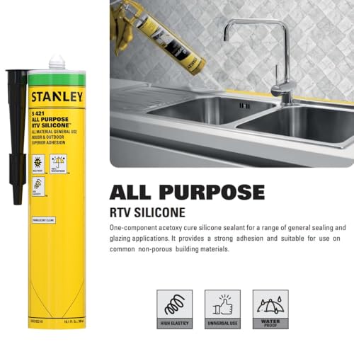 Stanley All Purpose RTV Silicone Sealant - 1x10.1 fl. oz. Translucent, Window and Door Caulk,%100 Silicone Waterproof and Flexible Sealar for Kitchen & Bathroom, Cartridge, 1 Pack